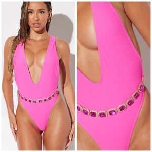 Fashion Nova Neon Pink Trip To Paradise Plunge One Piece Swimsuit Size Small